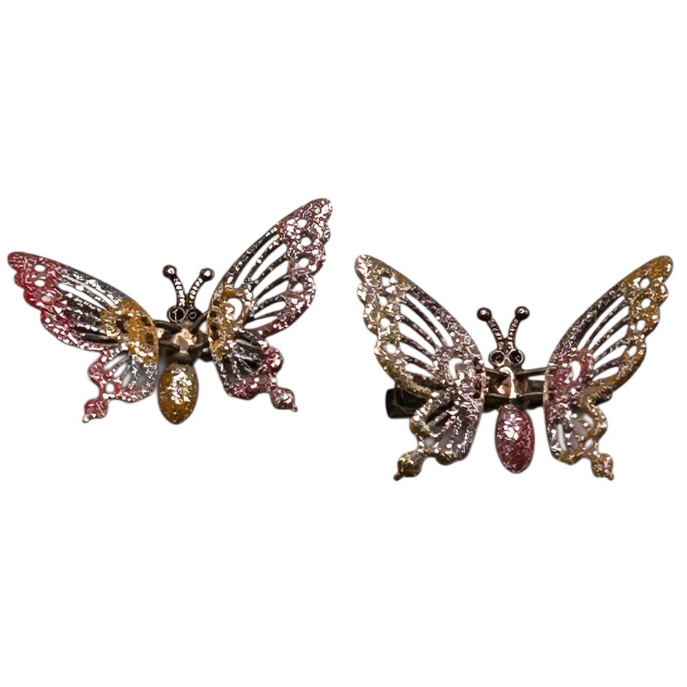 Vintage Enamel Sparkling Butterfly Hair Clips in Pink, Gold & Silver (2)